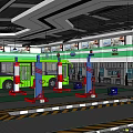 Modern Parking Lot With Green Buses Yellow Black Warning Stripes And Facilities