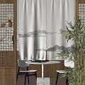Chinese Landscape Painting Pattern Curtains In Interior With Wooden Screen White Table And Green Plants