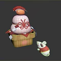 Traditional Wooden Box With Three Layered Pastry Red Decorations And Small Mouse Doll