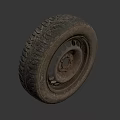 Worn Car Tire With Deep Tread And Rusty Metal Rim On Gray Background