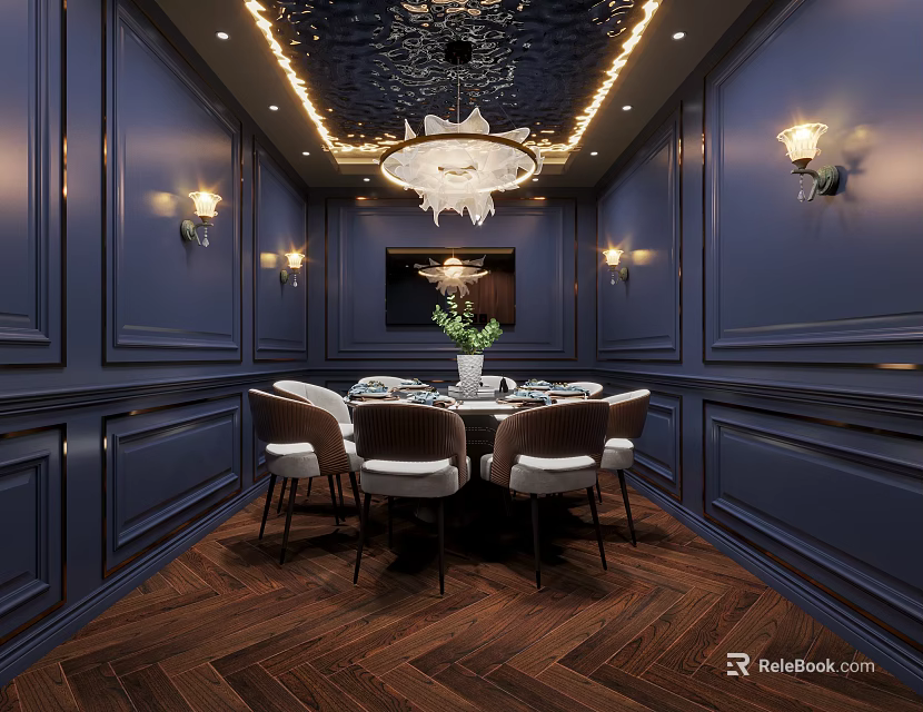 Elegant Private Dining Room With Dark Blue Paneled Walls Herringbone Wooden Flooring Crystal Chandelier And Dining Table 3d model 