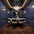 Elegant Private Dining Room With Dark Blue Paneled Walls Herringbone Wooden Flooring Crystal Chandelier And Dining Table