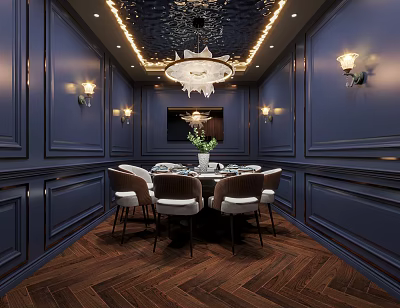 Elegant Private Dining Room With Dark Blue Paneled Walls Herringbone Wooden Flooring Crystal Chandelier And Dining Table 3d model