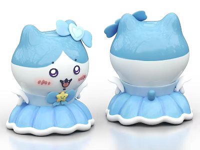 Blue Cartoon Cat Doll With White Face Purple Eyes Pink Blushes And Ruffled Dress 3d model