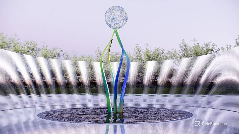 Spherical Sculpture With Green Blue Curved Pillars In Circular Pool And Trees Metal Fence 3d model 