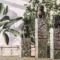 Traditional Stone Pillars With Lion Statues Intricate Carvings Green Plants And Brick Wall