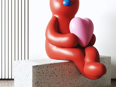 Artistic Red Sculpture Holding Pink Heart Sitting On Speckled White Block 3d model
