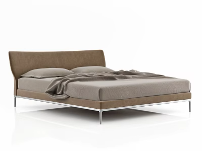 Modern Double Bed with Brown Upholstered Headboard Metal Frame and Gray Blanket 3d model