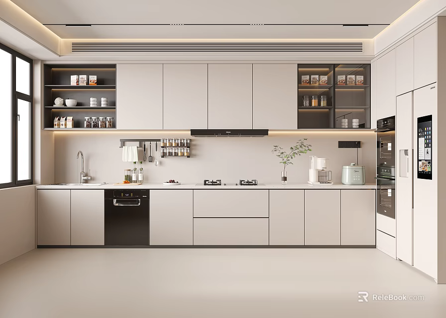 Modern Open Kitchen Interior With White Cabinets Island Counter And Appliances 3d model 