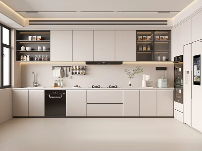 Modern Open Kitchen Interior With White Cabinets Island Counter And Appliances 3d model