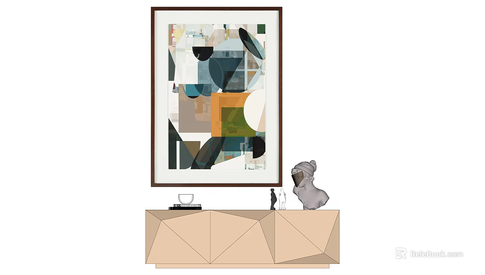 Modern Cabinet Displaying Abstract Painting And Decorative Figurine 3d model 