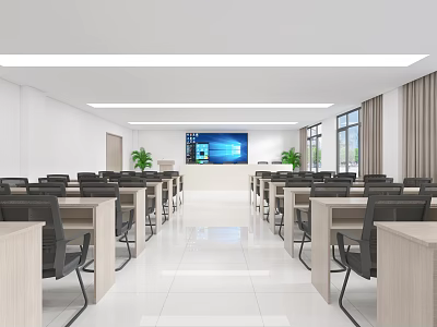 Modern Spacious Conference Room Interior With Long Tables Chairs Large Screen Windows And Plants 3d model