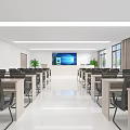 Modern Spacious Conference Room Interior With Long Tables Chairs Large Screen Windows And Plants