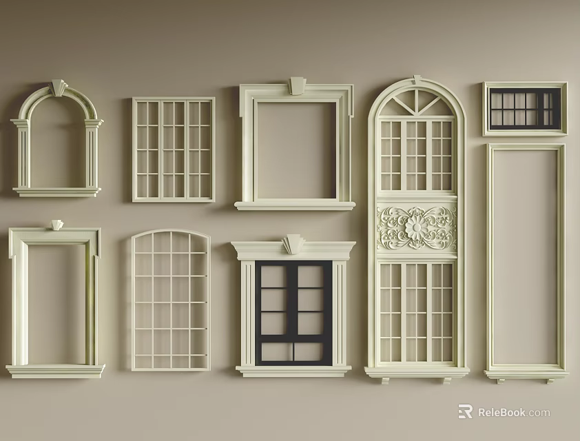 Various Decorative Window Frames With Classic And Modern Designs On Beige Background 3d model 