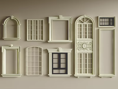 Various Decorative Window Frames With Classic And Modern Designs On Beige Background 3d model