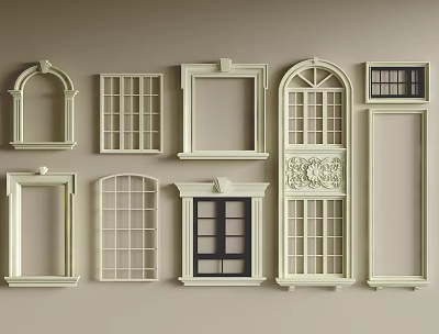 Various Decorative Window Frames With Classic And Modern Designs On Beige Background 3d model