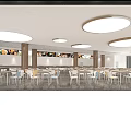 Modern Dining Hall Interior With Round Ceiling Lights Tables Chairs And Menu Displays 3d model