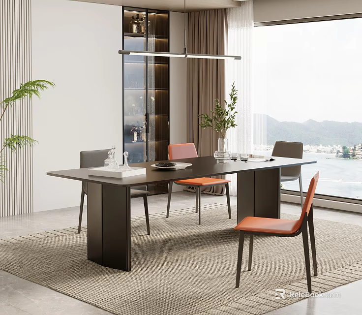 Modern Dining Table Set With Black Tabletop Orange Gray Chairs Green Plants And Mountain View 3d model 