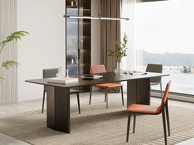 Modern Dining Table Set With Black Tabletop Orange Gray Chairs Green Plants And Mountain View 3d model