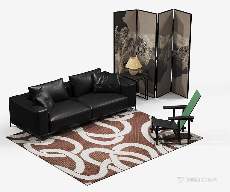 Black Leather Sofa Coffee Table Set with Green Accent Chair and White Circular Pattern Rug 3d model