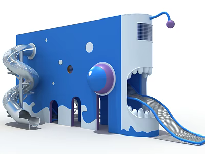 Blue Cartoon Playground Equipment With Spiral Net Slides Mouth Shaped Design And White Teeth 3d model