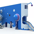 Blue Cartoon Playground Equipment With Spiral Net Slides Mouth Shaped Design And White Teeth