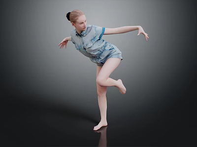 Woman Performing Graceful Dance Move In Blue Outfit Balancing On One Leg 3d model