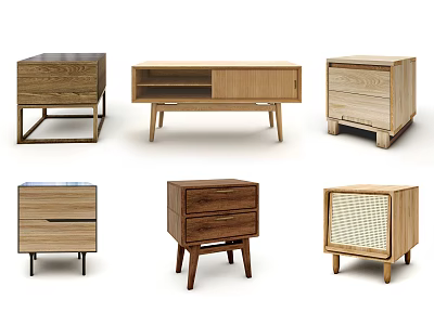 Wooden Bedside Tables With Various Designs Different Leg Styles Drawers And Open Shelves 3d model