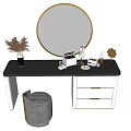 Modern Dressing Table With Round Gold Frame Mirror Black Countertop White Drawers And Grey Stool