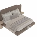 Minimalist Modern Double Bed With Beige Upholstered Headboard And Striped Bed Linens