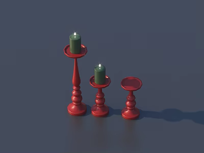 Three Red Candle Holders With Green Candles Two Lit For Home Decoration 3d model