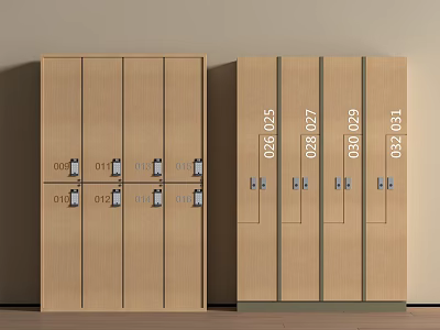 Beige Wooden Lockers With Numbered Doors And Locks In Office Environment 3d model