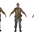Man in Tactical Military Gear with Backpack Vest Camouflage Pants and Boots Three Angle View