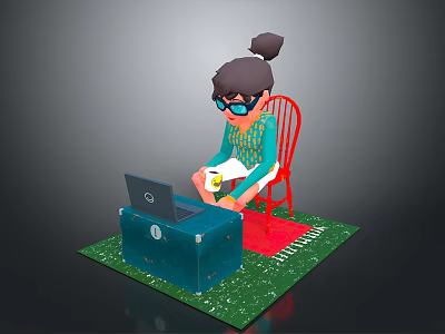 Red Chair Blue Trunk With Laptop On Green Rug For Home Living 3d model