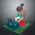 Red Chair Blue Trunk With Laptop On Green Rug For Home Living