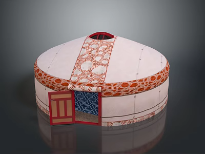 Traditional Yurt Architecture Circular Structure With Red Top Opening Ornate Patterns And Red Door 3d model
