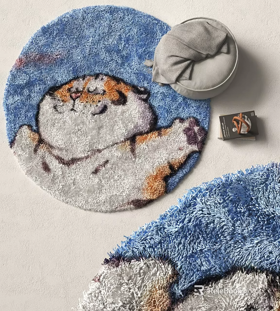 Blue Round Carpet with Cute Lying Tiger Pattern Plush Surface and Gray Cushion 3d model 