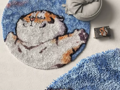 Blue Round Carpet with Cute Lying Tiger Pattern Plush Surface and Gray Cushion 3d model