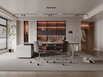 Modern Office Interior Design With Desk Chairs Plant And Lighting Elements 3d model