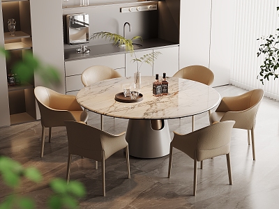 Marble Dining Table and Chair Combination Light Luxury Dining Room Round Dining Table Rock Board Dining Table Leather Dining Chair Six-person Cabinet Wine Cabinet Kitchen Supplies Vase 3d model