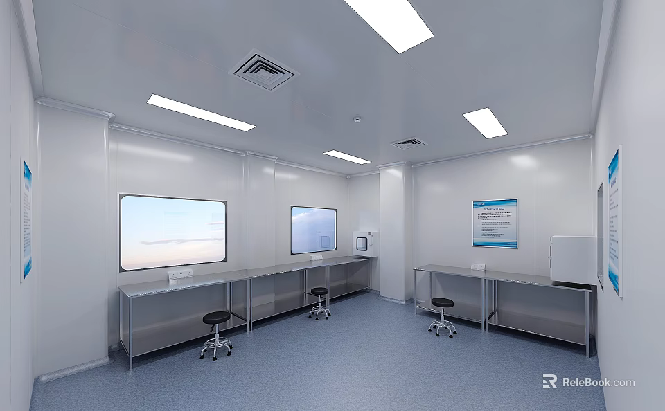 Modern Laboratory Interior With White Walls Ceiling Lights Metal Lab Benches And Blue Flooring 3d model 