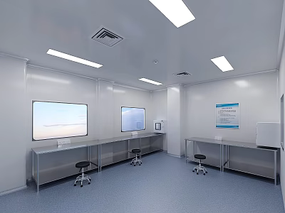Modern Laboratory Interior With White Walls Ceiling Lights Metal Lab Benches And Blue Flooring 3d model
