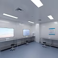 Modern Laboratory Interior With White Walls Ceiling Lights Metal Lab Benches And Blue Flooring