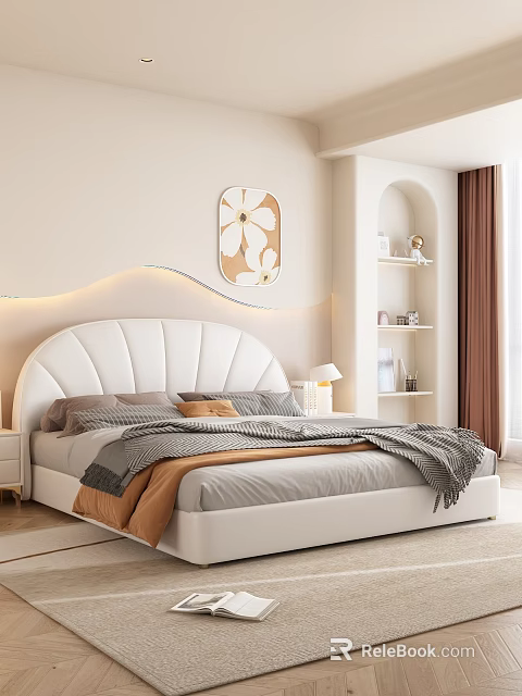Modern Cozy Bedroom With White Scalloped Headboard Gray Orange Bed Linens And Flower Decorative Painting 3d model 