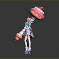 Cute Pink Haired Girl In Maid Outfit With Giant Donut Strawberry Ice Cream And Rollerskates