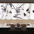 Traditional Chinese Interior With Bamboo Orchid Swallow Screen And Tea Table Stools