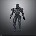 Sci Fi Armored Character In Gray Blue Mechanical Suit With Yellow Accents