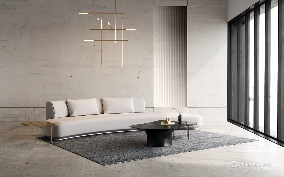 Modern Light Gray Sectional Sofa With Black Coffee Table Gray Rug And Large Window 3d model 