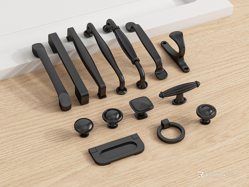 Black Metal Furniture Handles And Knobs With Various Designs On Wooden Surface 3d model 