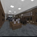 Modern Clothing Store Interior With Wooden Shelves Hanging Clothes Display Tables And Ceiling Lights